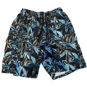Six Islands Swim Trunks Mens XL Blue Black Tropical Leaf Cargo Pocket Drawstring